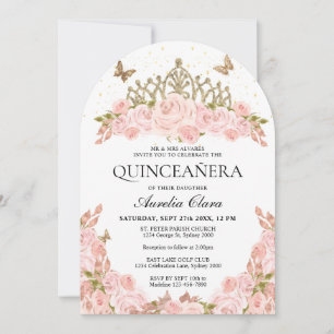 Blush Pink Floral Gold Tiara Quinceanera Arch Invitation