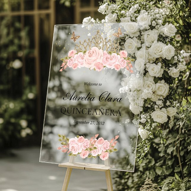 Blush Pink Floral Gold Tiara Quinceanera Welcome Acrylic Sign (Creator Uploaded)