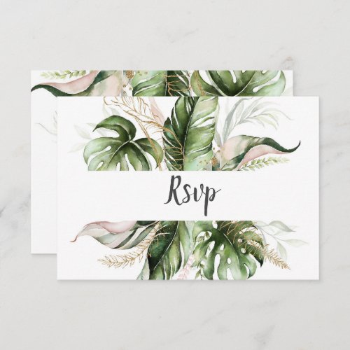 Blush Pink Floral Gold Tropical Greenery Wedding RSVP Card