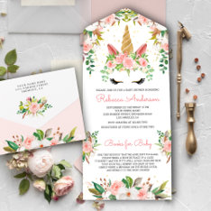 Blush Pink Floral Gold Unicorn Baby Shower All In One Invitation at Zazzle