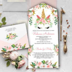 Blush Pink Floral Gold Unicorn Baby Shower All In One Invitation