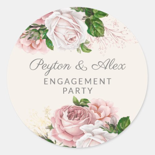 Blush Pink Floral Gold Vintage Engagement Party Classic Round Sticker
