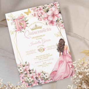Blush Pink Floral Golden Butterflies Quinceañera Invitation