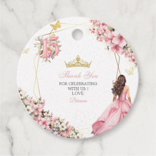 Blush Pink Floral Golden Quinceañera Thank You Favor Tags