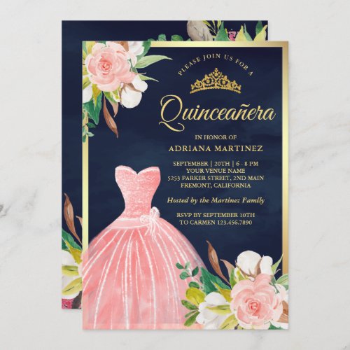 Blush Pink Floral Gown Navy Blue Gold Quinceanera Invitation