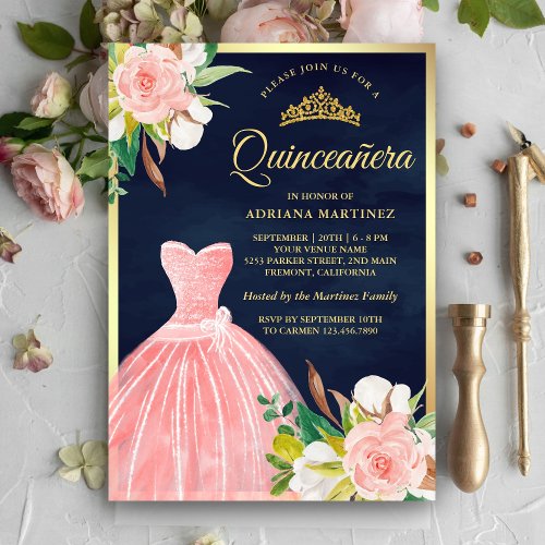 Blush Pink Floral Gown Navy Blue Gold Quinceanera Invitation