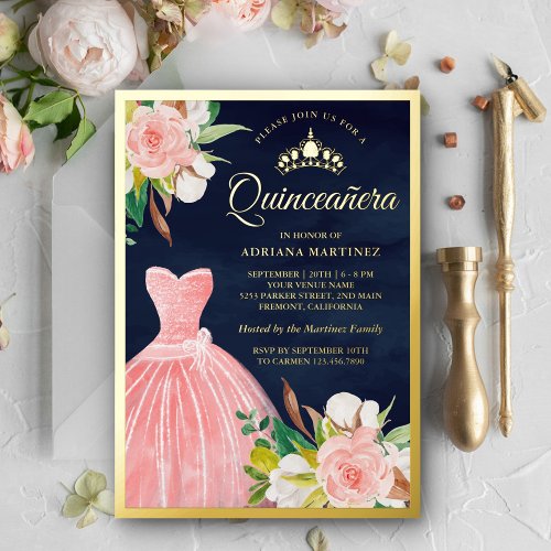 Blush Pink Floral Gown Navy Blue Quinceanera Gold Foil Invitation