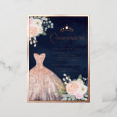 Blush Pink Floral Gown Navy Quinceanera Rose Gold Foil Invitation (Standing Front)