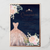 Blush Pink Floral Gown Navy Quinceanera Rose Gold Foil Invitation (Front)