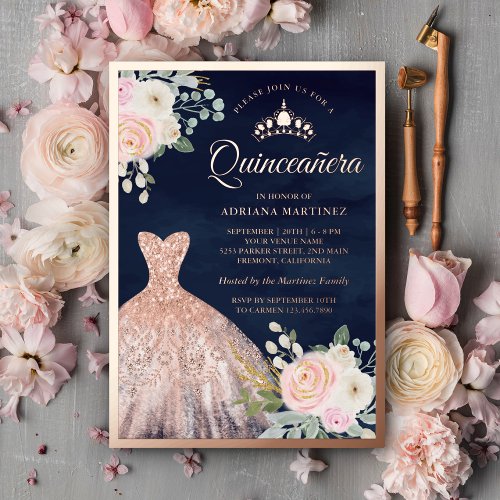 Blush Pink Floral Gown Navy Quinceanera Rose Gold Foil Invitation