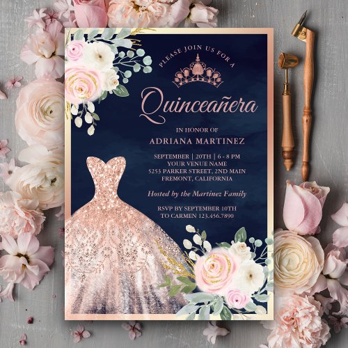 Blush Pink Floral Gown Navy Rose Gold Quinceanera Invitation