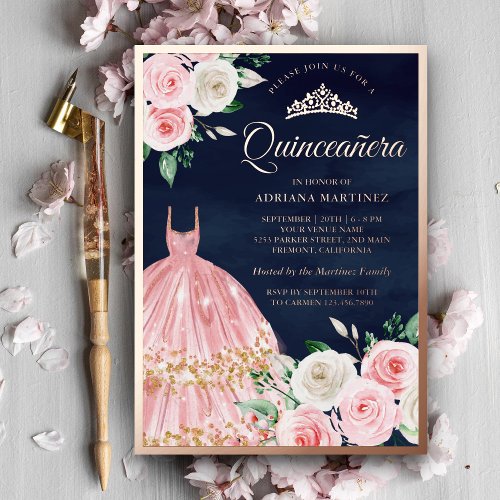 Blush Pink Floral Gown Quinceanera Navy Rose Gold Foil Invitation