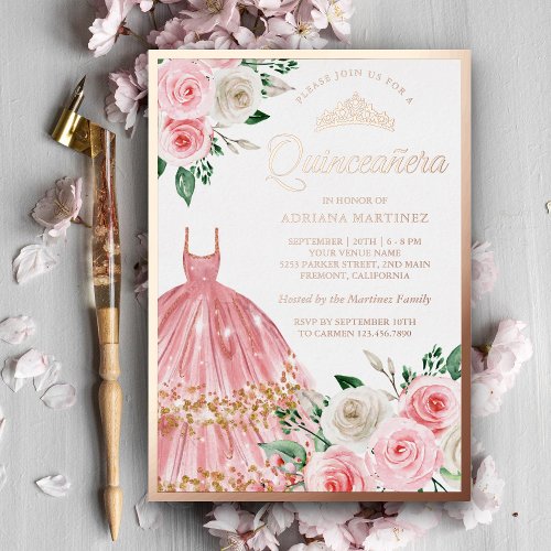 Blush Pink Floral Gown Quinceanera Rose Gold Foil Invitation