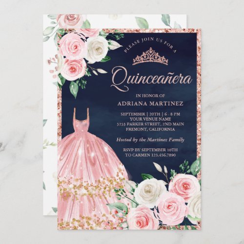 Blush Pink Floral Gown Rose Gold Navy Quinceanera Invitation