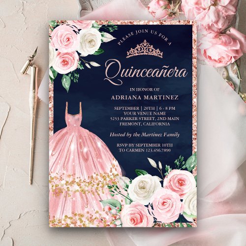 Blush Pink Floral Gown Rose Gold Navy Quinceanera Invitation