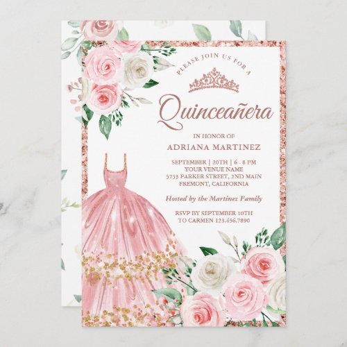 Blush Pink Floral Gown Rose Gold Quinceanera Invitation