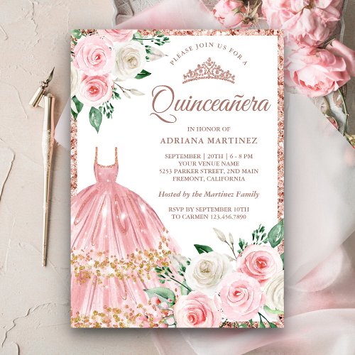 Blush Pink Floral Gown Rose Gold Quinceanera Invitation