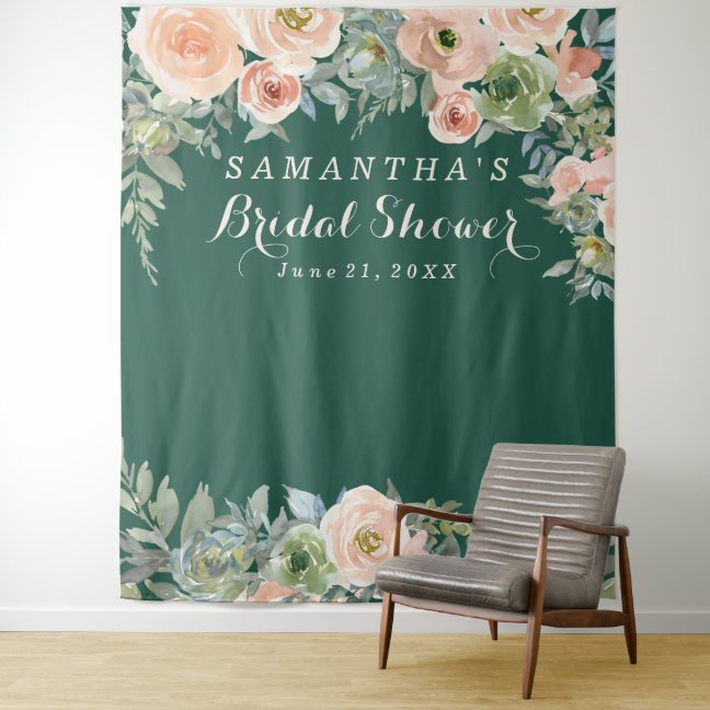 Blush Pink Floral green Bridal Shower Photobooth Tapestry