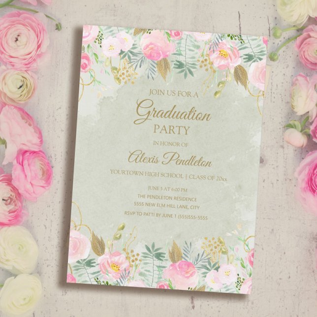 Blush Pink Floral Green Gold Graduation Party Invitation (Creator Uploaded)