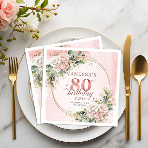Blush Pink Floral Greenery 80th Birthday Party  Napkins