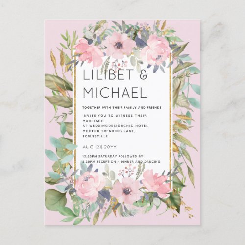 Blush Pink Floral Greenery Boho Wedding Postcard