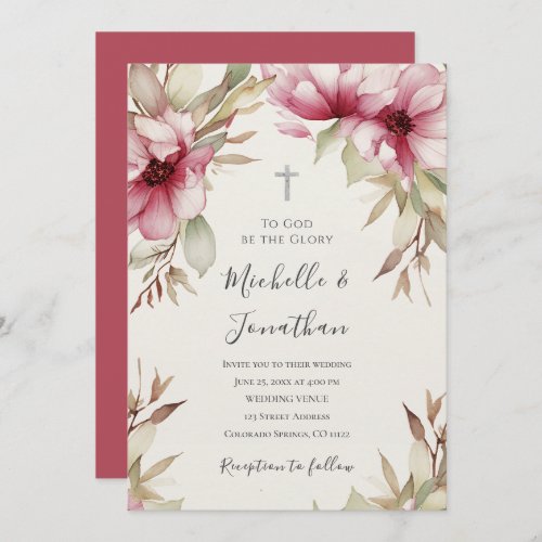 Blush Pink Floral Greenery Christian Cross Wedding Invitation