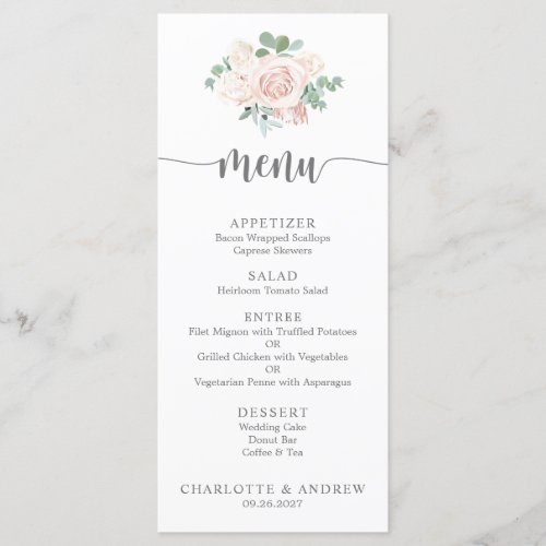 Blush Pink Floral Greenery Elegant Wedding Menu