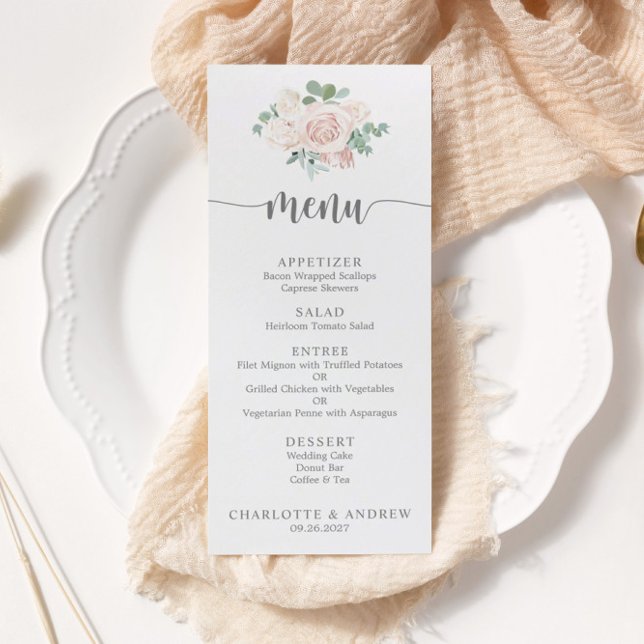 Blush Pink Floral Greenery Elegant Wedding Menu (Creator Uploaded)