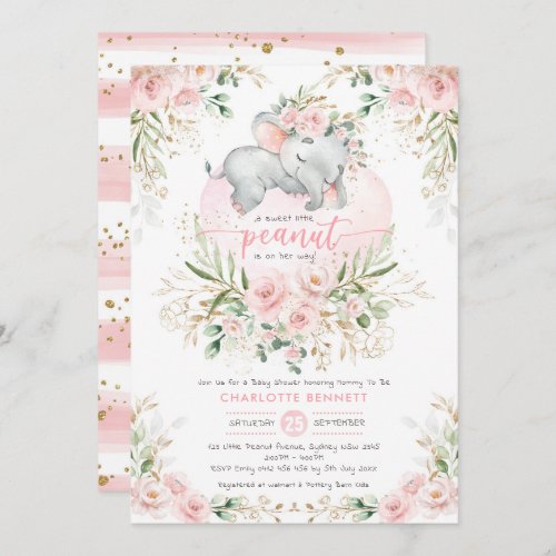 Blush Pink Floral Greenery Elephant Baby Shower Invitation
