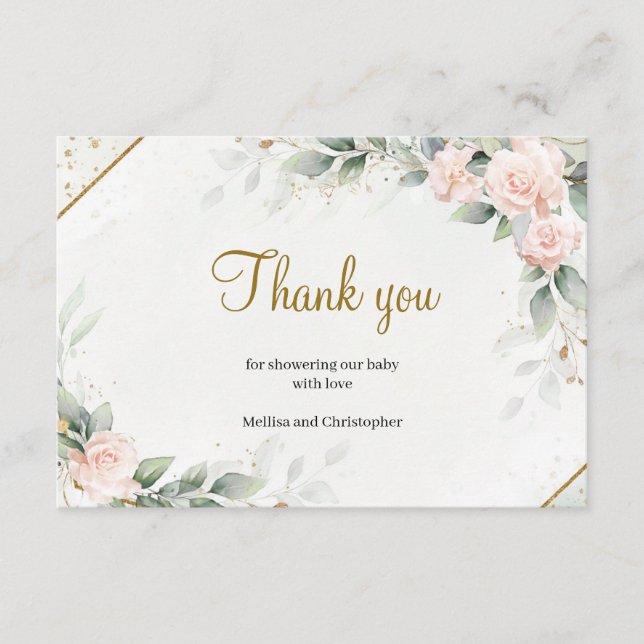 Blush Pink Floral Greenery Faux Gold Thank You Enclosure Card (Front)