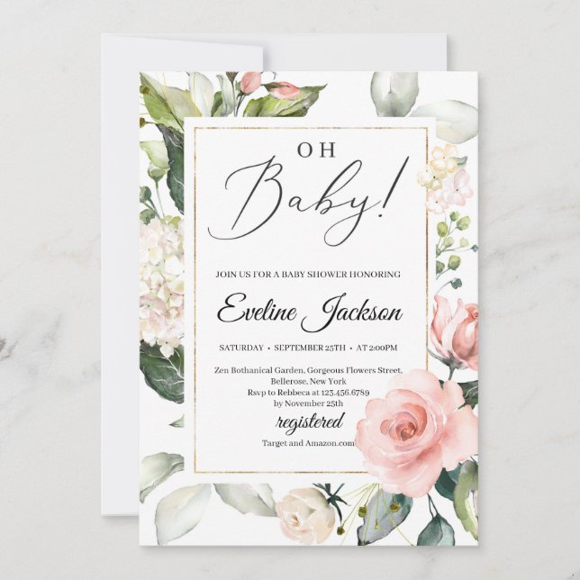 Blush pink floral greenery frame gold Oh Baby Invitation (Front)