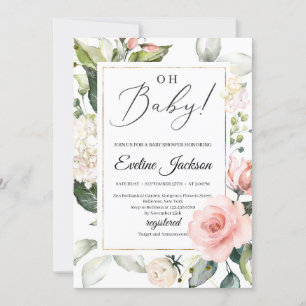 Blush pink floral greenery frame gold Oh Baby Invitation