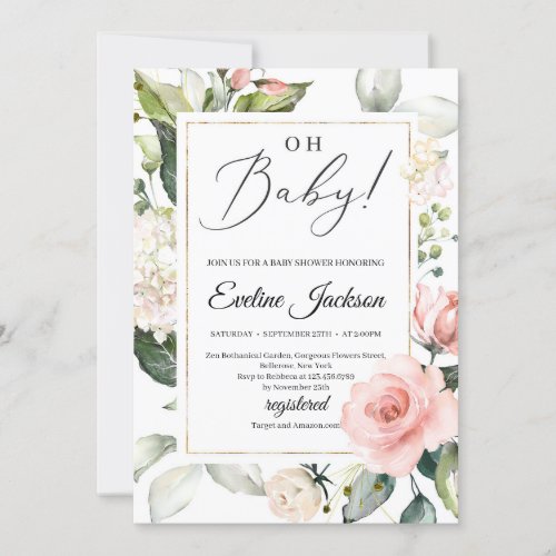 Blush pink floral greenery frame gold Oh Baby Invitation