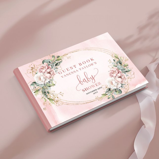 Blush Pink Floral Greenery Girl Baby Shower Sign  Guest Book (Blush Pink Floral Greenery Girl Baby Shower Sign In)
