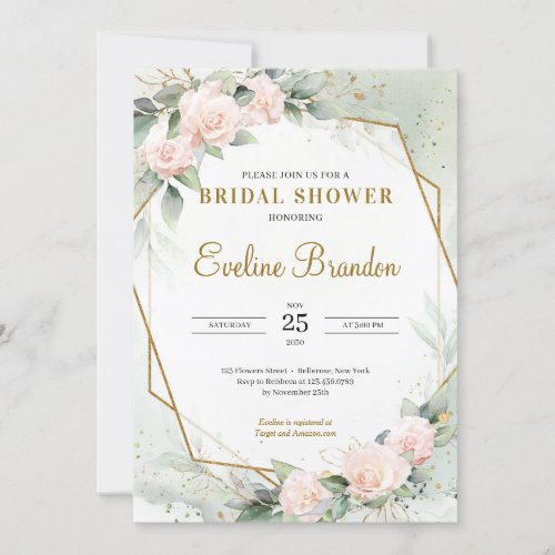 Blush Pink Floral Greenery Gold Frame Bridal Invitation