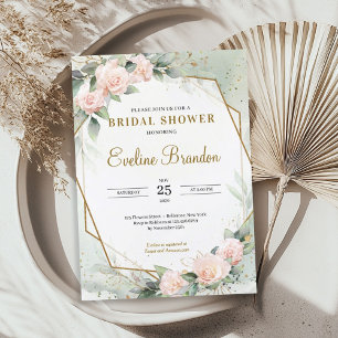 Blush Pink Floral Greenery Gold Frame Bridal Invitation