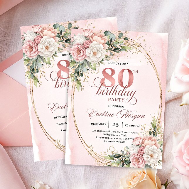 Blush Pink Floral Greenery Gold Glitter 80th Bday Invitation (Blush Pink Floral Greenery Gold Glitter 80th Invitation)