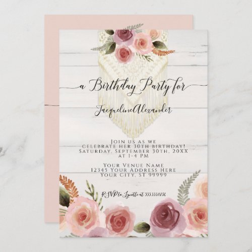 Blush Pink Floral Greenery Macrame Birthday Party  Invitation