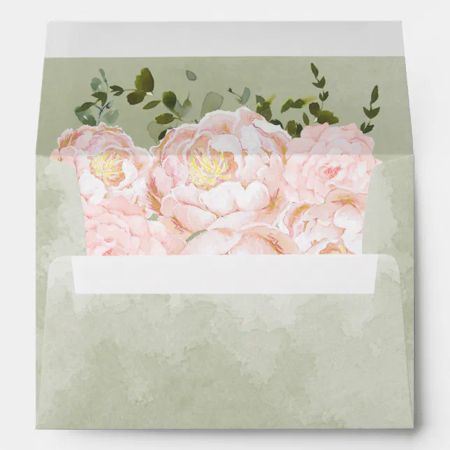 Blush Pink Floral Greenery Sage Green Wedding Envelope | Zazzle