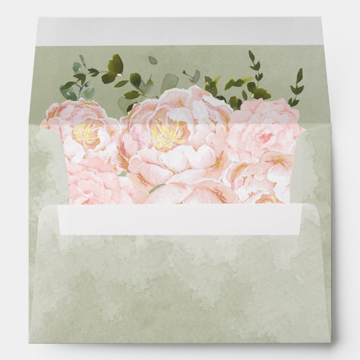 Blush Pink Floral Greenery Sage Green Wedding Envelope | Zazzle.com