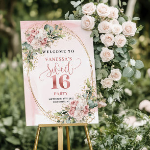 Blush Pink Floral Greenery Sweet 16 Welcome Sign