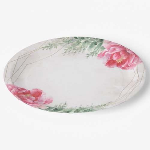 Blush Pink Floral Greenery Watercolor Wedding Paper Plates