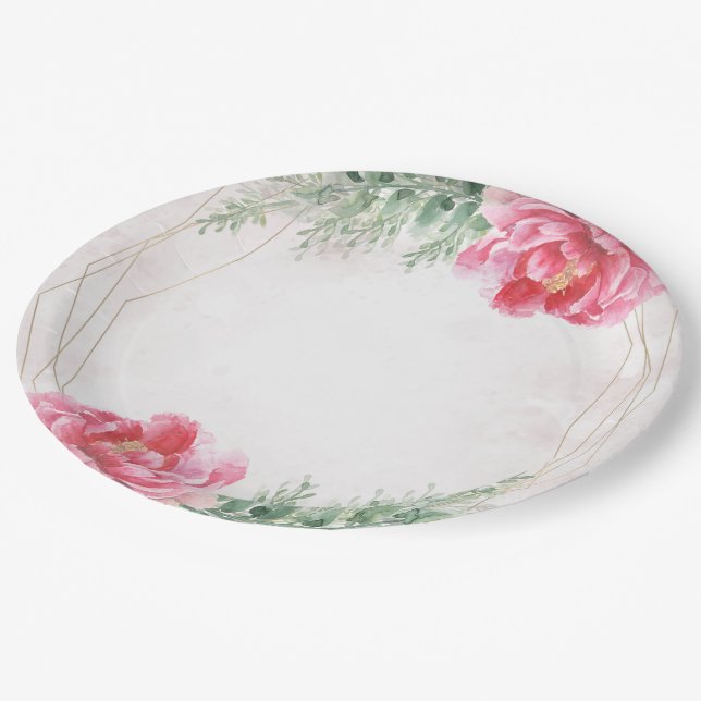 Blush Pink Floral Greenery Watercolor Wedding Paper Plates (Angled)