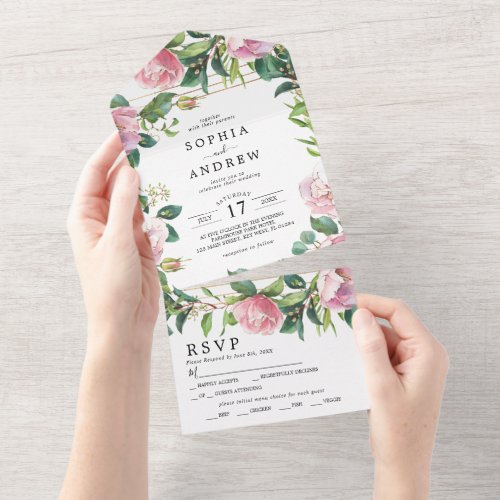 Blush Pink Floral  Greenery Wedding All In One Invitation