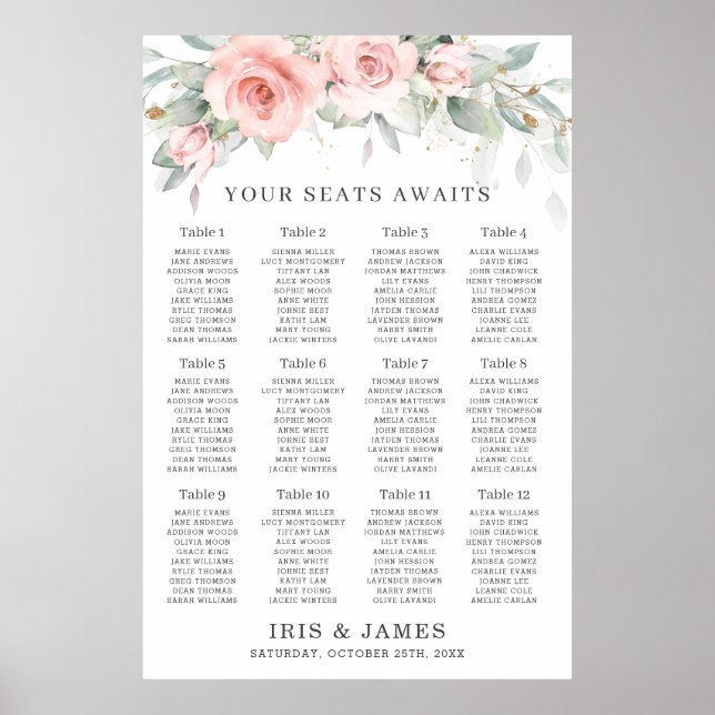 Blush Pink Floral Greenery Wedding Seating Chart (Front)