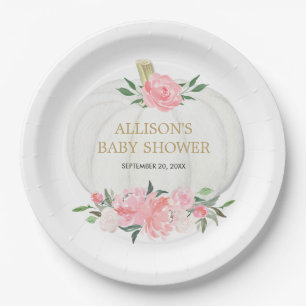 Blush pink floral greenery white pumpkins paper plates