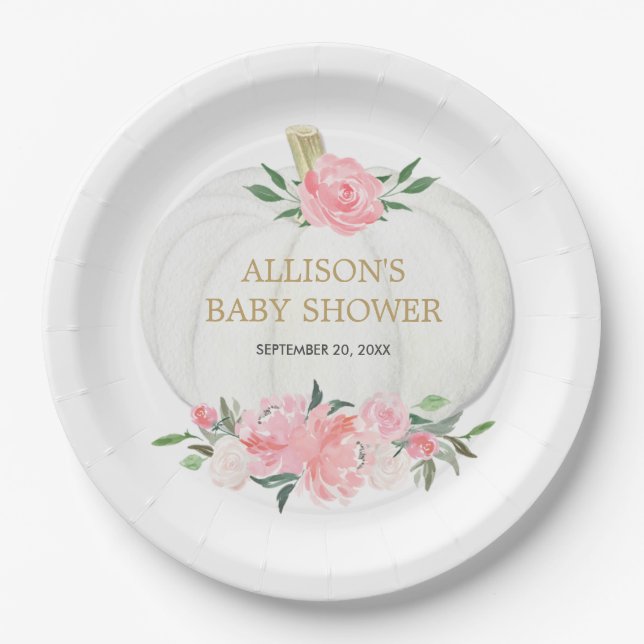 Blush pink floral greenery white pumpkins paper plates (Front)
