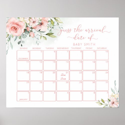 Blush pink floral Guess the due Date calendar Poster