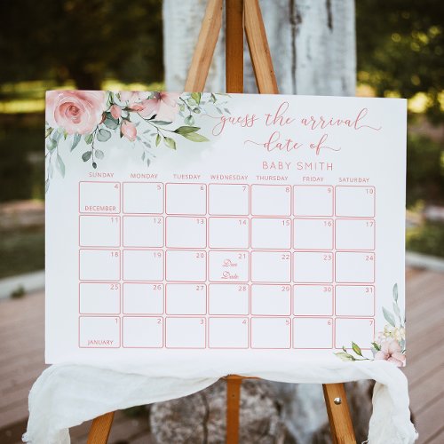 Blush pink floral Guess the due Date calendar Poster