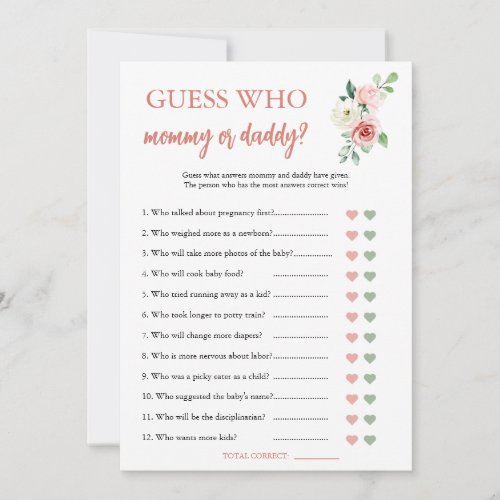 Blush Pink Floral Guess Who Baby Shower Game Card